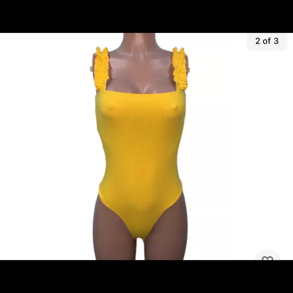 Golden Yellow Casual ruffle Ribbed Soft Stretchy Bodysuit Hippie Rave New Beach